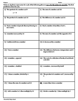 Preview of Writing and Evaluating Algebraic Expressions Practice Worksheet
