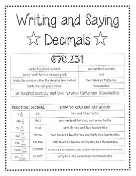 Preview of Writing and Saying Decimals