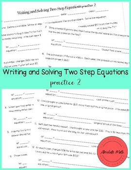 Preview of Writing and Solve Two Step Equations Practice 2