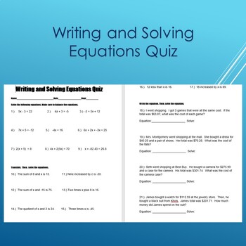 Preview of Writing and Solving Equations Quiz