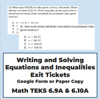 Preview of Writing and Solving Equations and Inequalities Exit Tickets Math TEKS 6.9A 6.10A