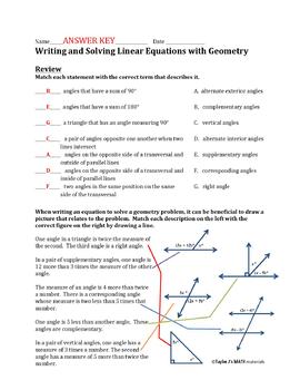 Writing And Solving Linear Equations With Geometry Worksheet Tpt