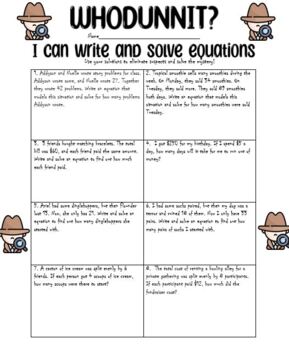Preview of Writing and Solving One Step Equations from Real World Problems Whodunnit (#2)
