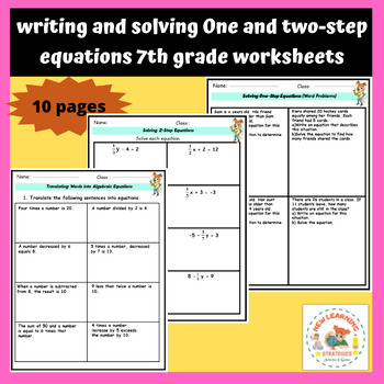 Preview of Writing and Solving One and two-step Equations 7th Grade Worksheets