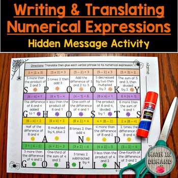 Preview of Writing and Translating Numerical Expressions Hidden Message Activity Halloween
