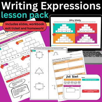 Preview of Writing and simplifying algebra expressions - slides, workbook, exit ticket, HW