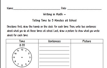 Preview of Writing in Math - Telling Time to 5 Minutes