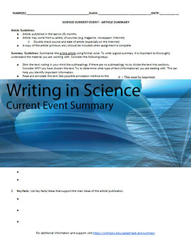 Preview of Writing in Science - Current Event Summary