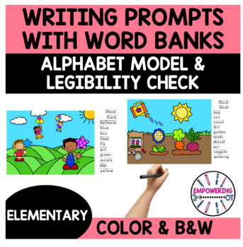 Preview of Writing prompts with pictures, word bank, alphabet model. B&W and color version