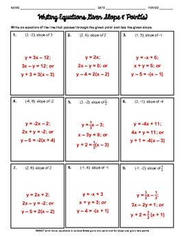 Preview of Writing the Equation of a Line Given Point and Slope or Given 2 Points Worksheet