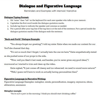 Preview of Writing with Dialogue and Figurative Language Handout