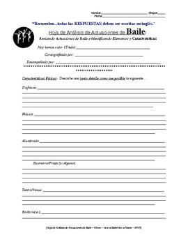 Preview of Written Dance Analysis Worksheet - SPANISH Version