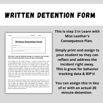 Preview of Written Detention Form - Step 3 in Classroom Management Plan