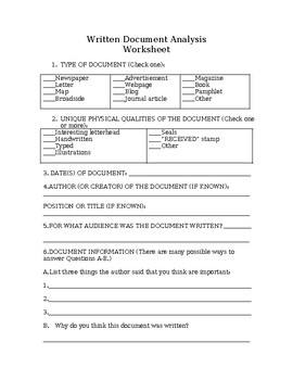 Preview of Written Document Analysis Worksheet (editable & fillable resource)