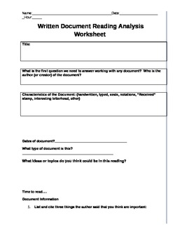 Preview of Common Core Written Document Reading Analysis Worksheet