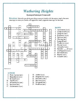 Wuthering Heights: Synonym/Antonym Vocabulary Crossword Unique TPT