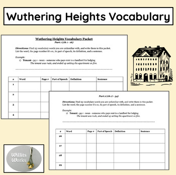 Preview of Wuthering Heights Vocabulary Packet - Student Selected Words