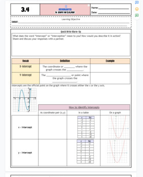 Preview of X and Y intercepts on a graph, table and equation scaffolded noted