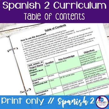 Preview of FREE Spanish 2 Curriculum Table of Contents