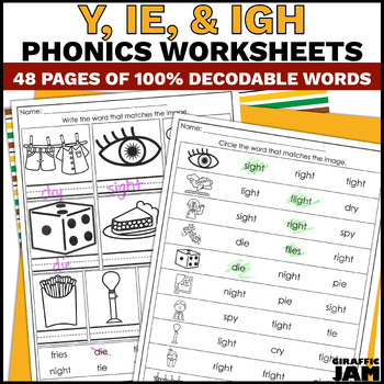 Preview of Decodable Phonics Worksheets Y IGH & IE Vowel Teams Phonics Practice Activities