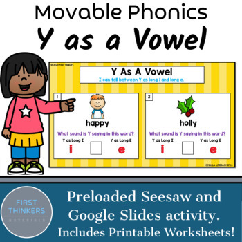 Preview of Y as a Vowel Google Slides Seesaw Digital Phonics Game and Worksheets