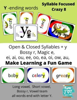 Preview of Y ending Crazy 8 cards game LAZY APE vowel team Mnemonic Pictures Syllables