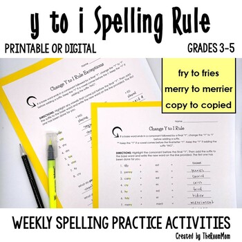 Preview of y to i Spelling Rule - Spelling Practice Activities and Word Work