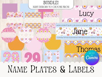 Preview of Y2k Classroom Labels Pink Retro Name Plates Bin Labels Book Box Labels Desk
