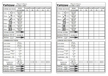 YAHTZEE SCORE CARD by Aron Heaney | TPT