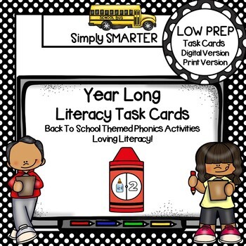 Preview of YEAR LONG Kindergarten Digital And Print Literacy Task Cards BUNDLE