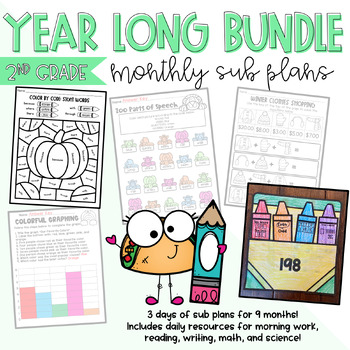Preview of YEAR LONG MEGA BUNDLE 2nd Grade Monthly Sub Plans 3 Days No Prep Seasonal