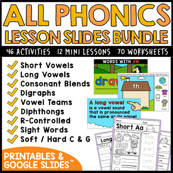 Preview of YEAR LONG Phonics Bundle Kindergarten Google Slides ™ Lessons and Activities