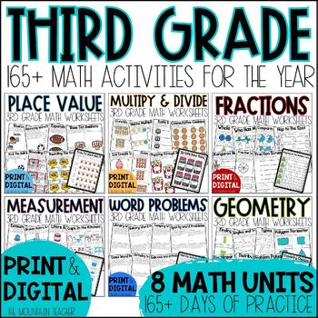 Preview of YEAR of 3rd Grade Math Worksheets and Lessons BUNDLE in Print and Digital