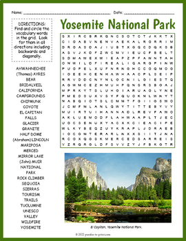 YOSEMITE NATIONAL PARK Word Search Puzzle Worksheet Activity TPT