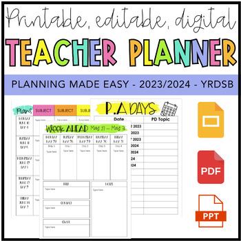 Preview of YRDSB Elementary Teacher Planner - September 23-June 24 - Colour & BW Included