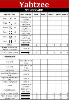 Preview of Yahtzee Game Score Cards