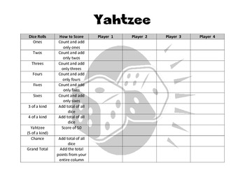Yahtzee Score Card Print Ready File Yahtzee Scoresheet -  Portugal