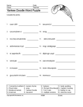 Yankee Doodle Word Search Worksheet and Vocabulary Puzzles by Lesson