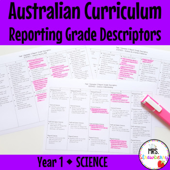 Preview of Year 1 SCIENCE Australian Curriculum Reporting Grade Descriptors