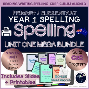 Preview of Year 1 C2C Spelling Unit Bundle - Term 1-9 Wk Lists Activities Packet Australian