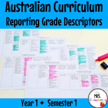 Preview of Year 1 ENGLISH AND MATHS Australian Curriculum Reporting Grade Descriptors Sem 1