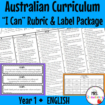 Preview of Year 1 ENGLISH Australian Curriculum "I Can" Rubric and Label Package