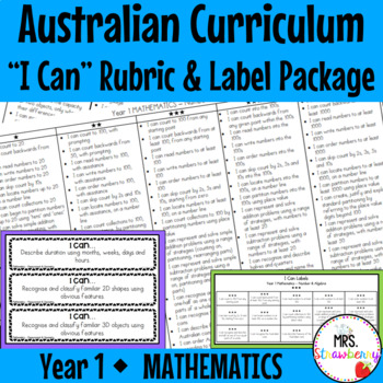 Preview of Year 1 MATHEMATICS Australian Curriculum "I Can" Rubric and Label Package