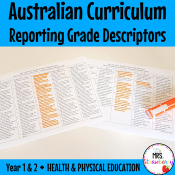 Preview of Year 1 and 2 HEALTH AND PE Australian Curriculum Reporting Grade Descriptors