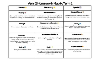 Preview of Year 2 Homework Matrix Term 1