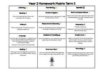 Preview of Year 2 Homework Matrix Term 3