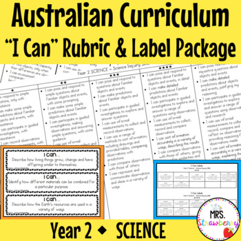 Preview of Year 2 SCIENCE Australian Curriculum "I Can" Rubric and Label Package