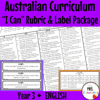 Preview of Year 3 ENGLISH Australian Curriculum "I Can" Rubric and Label Package