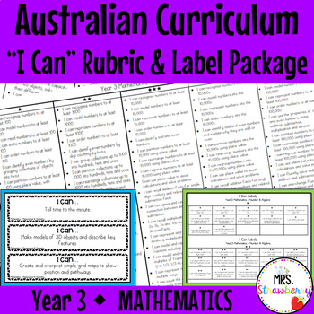 Preview of Year 3 MATHEMATICS Australian Curriculum "I Can" Rubric and Label Package