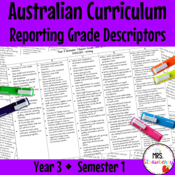 Preview of Year 3 ENGLISH AND MATHS Australian Curriculum Reporting Grade Descriptors Sem 1
